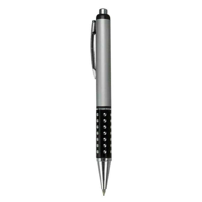 A plastic pen in silver and black featuring a textured grip and a clip, with decorative embellishments.