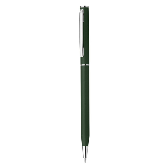 A green plastic pen with a shiny silver clip and accents, featuring a logo.