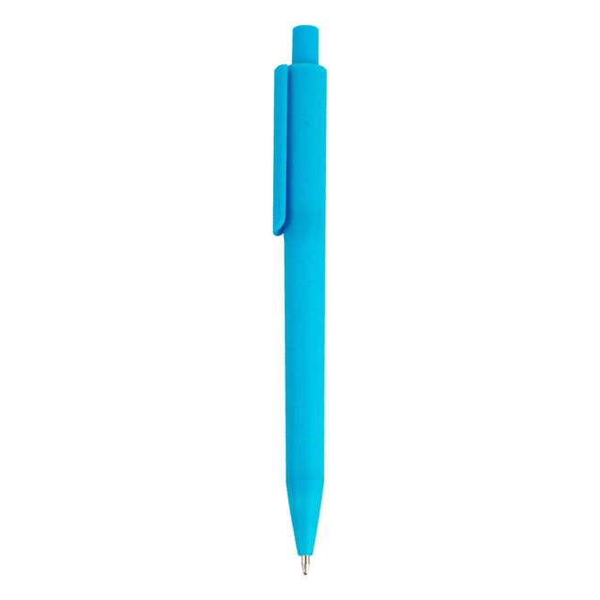 A blue plastic pen with a clip and a smooth barrel, featuring a logo on the side.