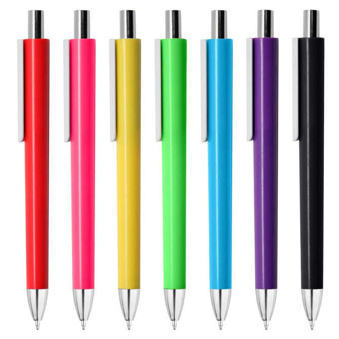 A set of plastic pens in pink, yellow, green, blue, purple, and black, with silver clips and tips, featuring a logo.