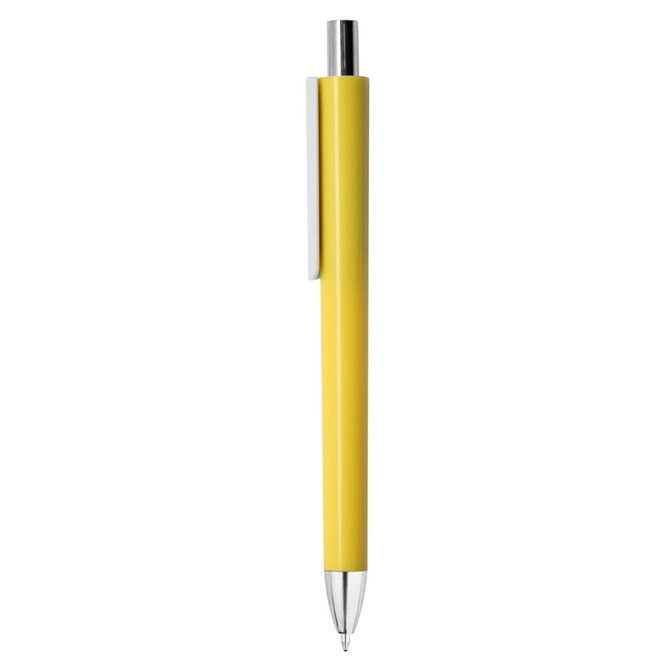 A yellow plastic pen with a silver clip and a clear tip, featuring a logo on the barrel.