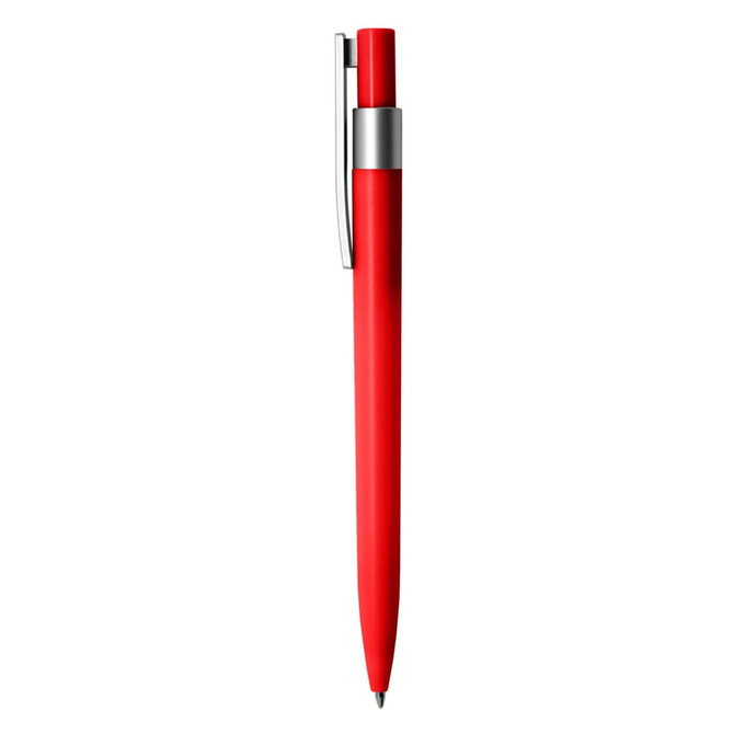A red plastic pen with a silver clip. The pen has a sleek, modern design and features a logo.