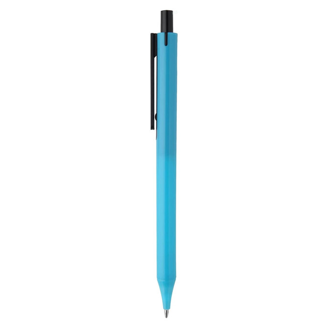 A plastic pen in a gradient of blue with a black clip and tip. Features a logo on the body.