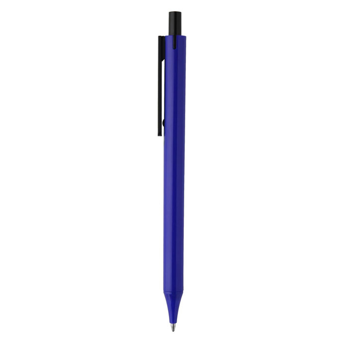 A plastic pen in vibrant blue with a black clip and tip, featuring a logo on its side.