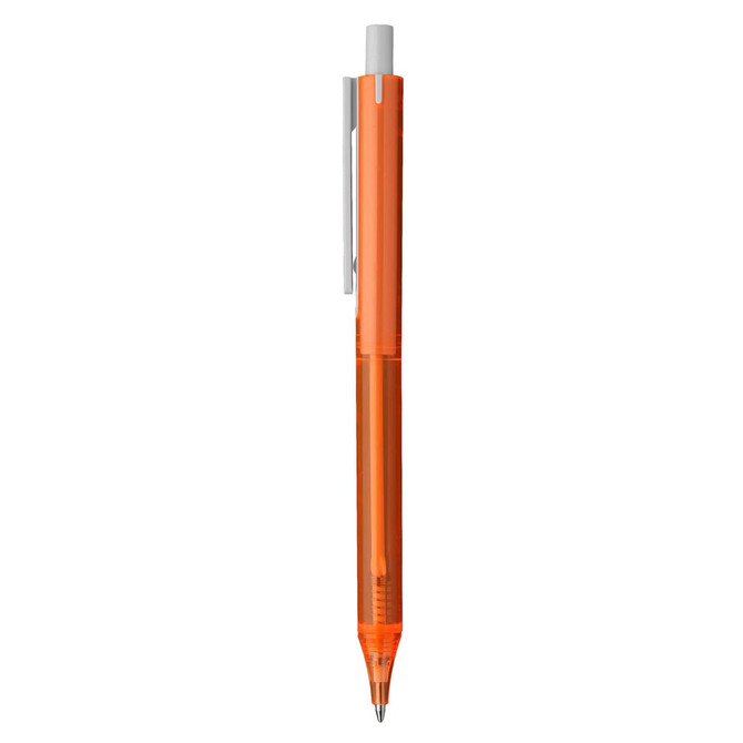 An orange plastic pen with a silver clip and a visible ink tip at the bottom.