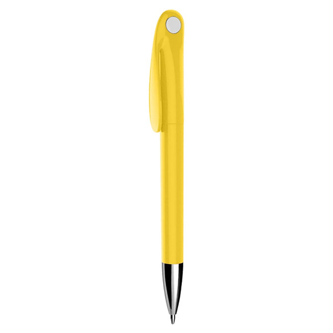 A yellow plastic pen with a sleek design and a click mechanism, featuring a logo on its body.