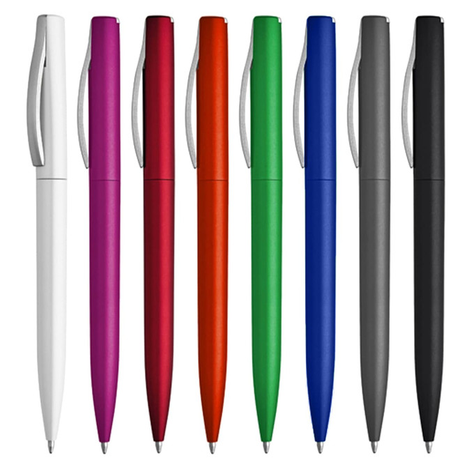 A collection of plastic pens in white, purple, red, orange, green, blue, grey, and black, featuring a logo.
