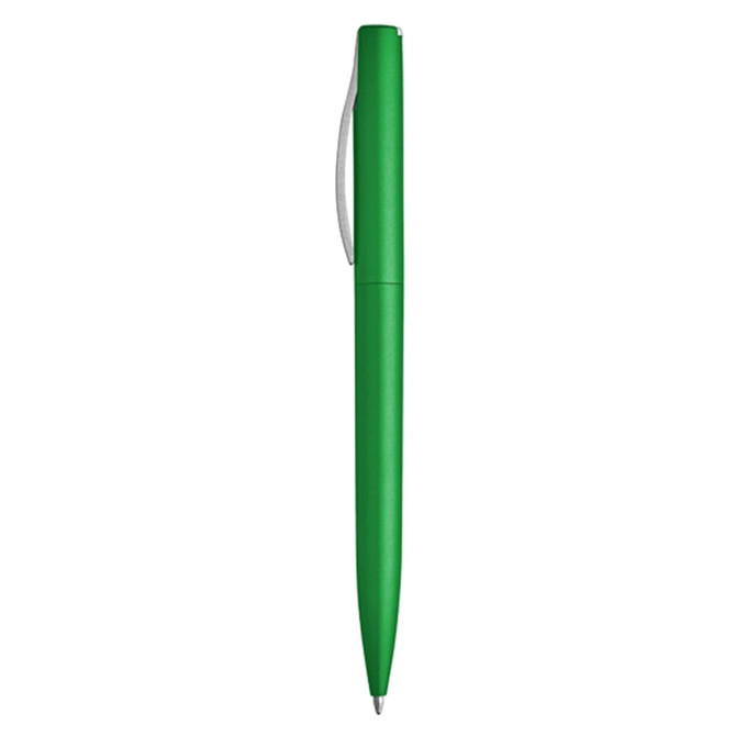 A green plastic pen with a silver clip and branding on the barrel.