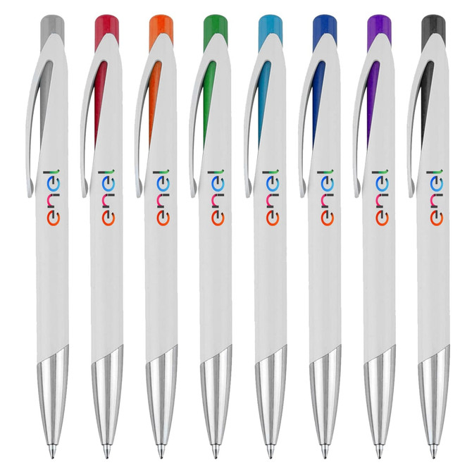 A collection of white plastic pens featuring coloured tops in orange, green, blue, and purple, with a logo on each.