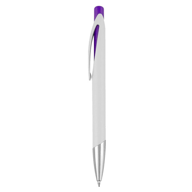 A plastic pen in white with a purple top and a silver clip, featuring a logo on the body.