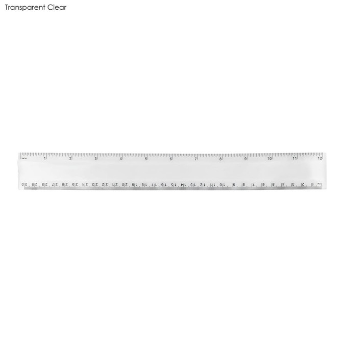 A transparent clear 30cm plastic ruler with measurements marked along its edge. It features a logo.