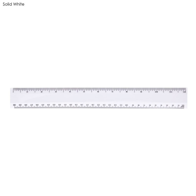 A solid white 30cm plastic ruler featuring clear measurement markings and a logo.