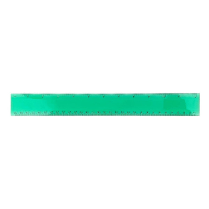 A green PVC soft plastic ruler featuring metric and imperial measurements, with a logo on one side.