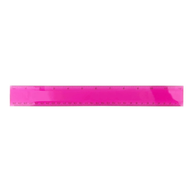 A pink PVC soft plastic ruler featuring measurement markings in both centimetres and inches. It includes a logo.