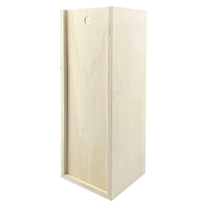 A tall, light-coloured wooden box with an open side and a round hole at the top. It has a smooth finish.