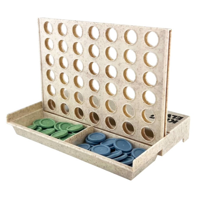 A Wheat Straw Connect Four game featuring a beige playing board and blue and green game pieces.
