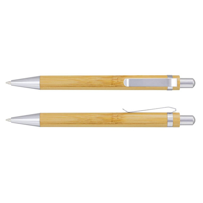 A bamboo pen with silver accents, featuring a sleek design and a clip for attachment.