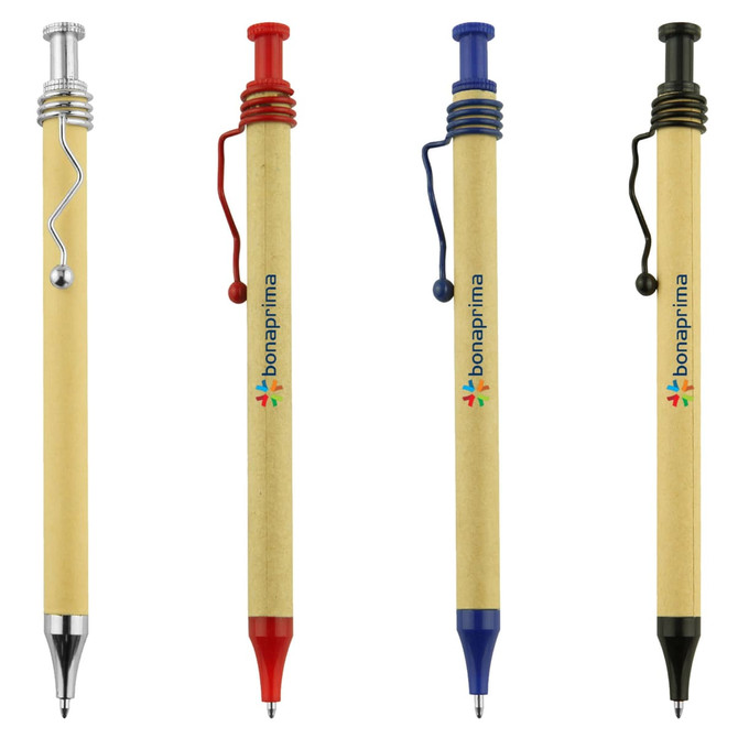 A set of four Spiral Recycled Cardboard Pens in various colours: red, blue, silver, and black, featuring a logo.