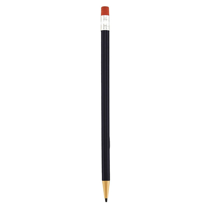 A round mechanical pencil in black with a red eraser and gold tip. The pencil features a logo.