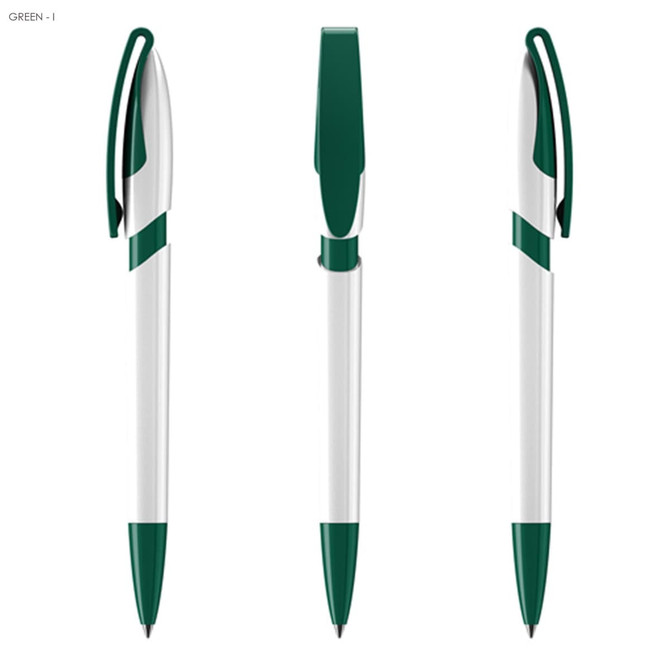 A set of green and white plastic pens featuring a distinctive design and a logo.