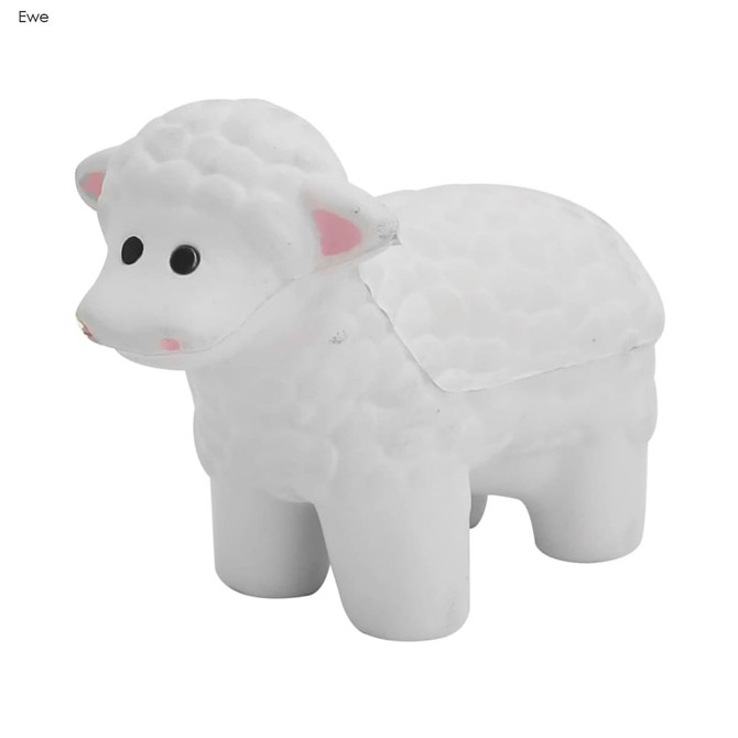 A white sheep figurine with a textured surface and black eyes, part of the "Stress Sheep" product line.