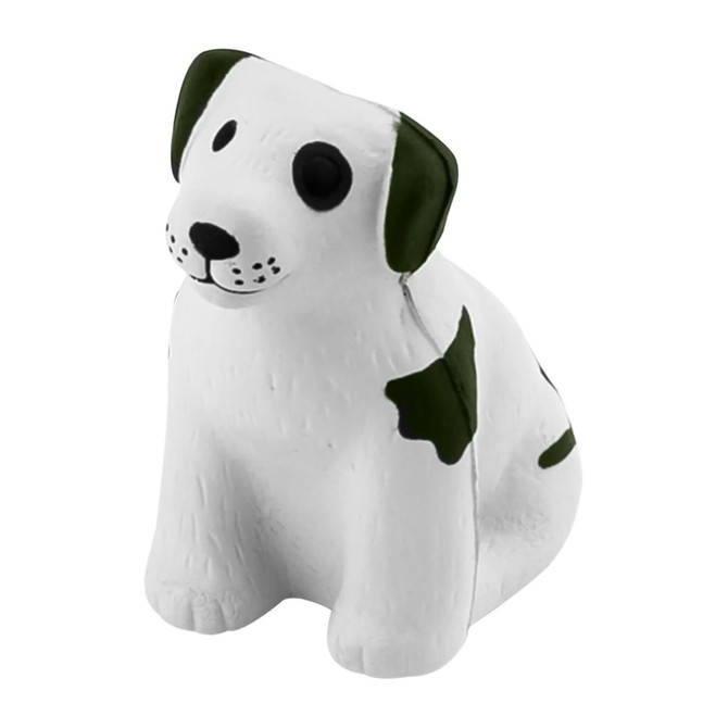 A white and green stress dog figurine, designed in a playful, sitting position. Features a friendly expression and a smooth texture.