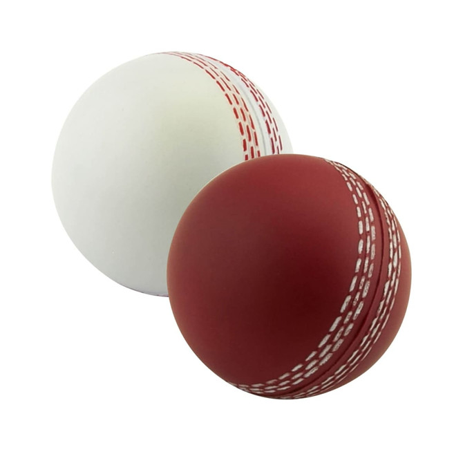 A set of two stress cricket balls, one white and one red, featuring stitched seams and a logo on each ball.