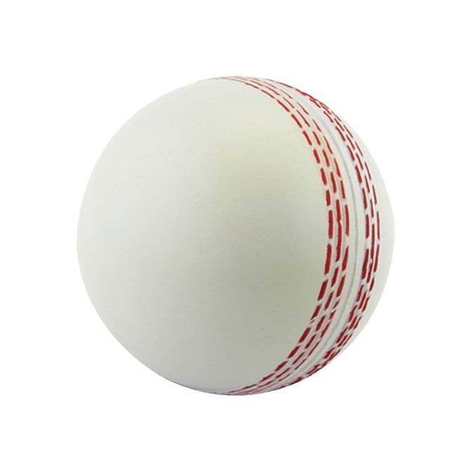 A white stress cricket ball with red stitching, designed for stress relief and relaxation. It features a logo.