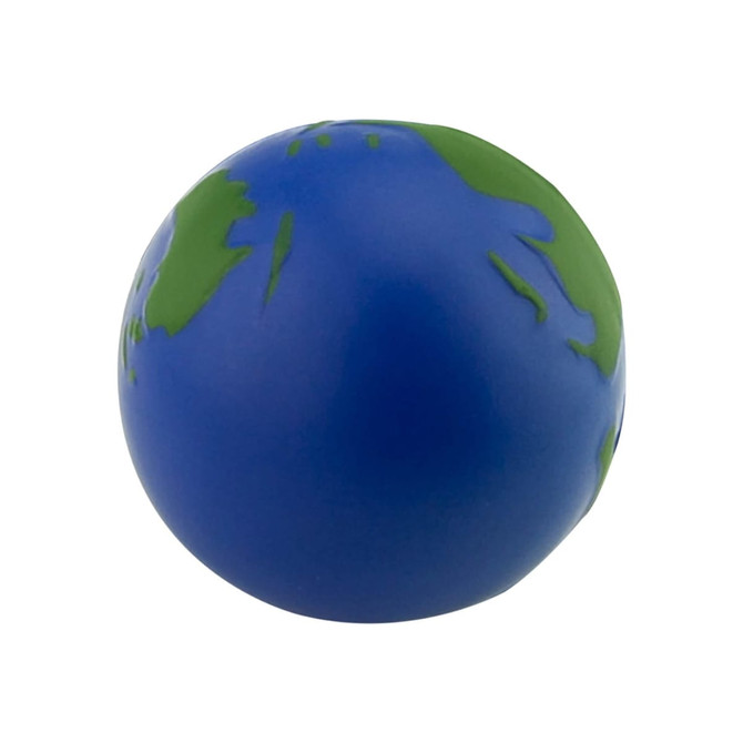 A blue and green stress ball shaped like Earth, featuring a smooth surface and a small logo.