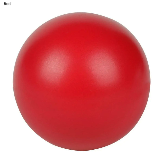 A red stress ball with a smooth, glossy finish and a round shape. The product features a logo.