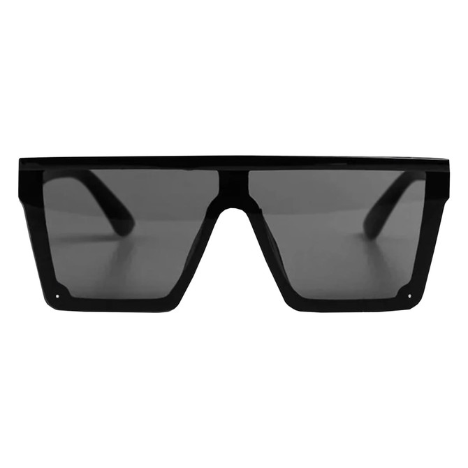 A pair of black oversized sunglasses with dark lenses and a bold, angular design, featuring a logo on the side.