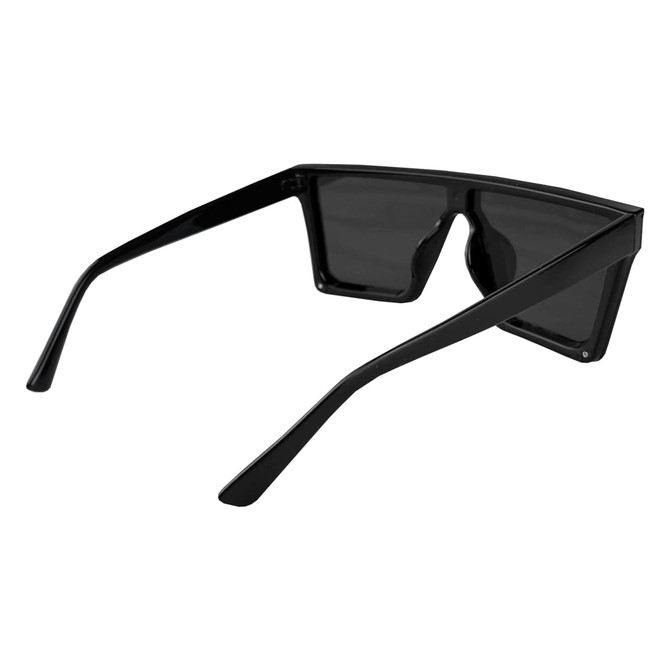 Black sunglasses with a geometric frame and dark lenses, featuring a logo on the side.