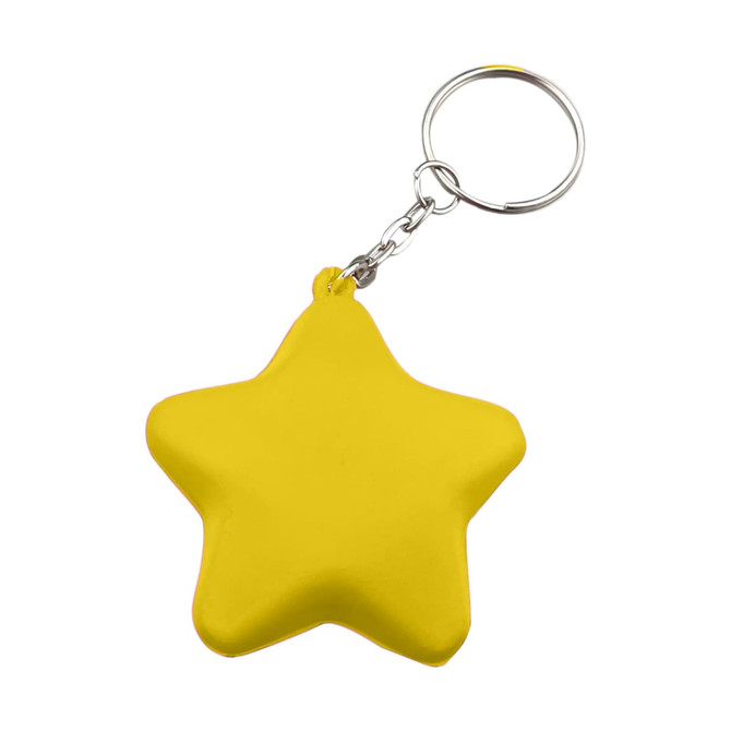 A yellow star-shaped stress key ring attached to a silver keychain. A yellow star-shaped stress key ring attached to a silver keychain.
