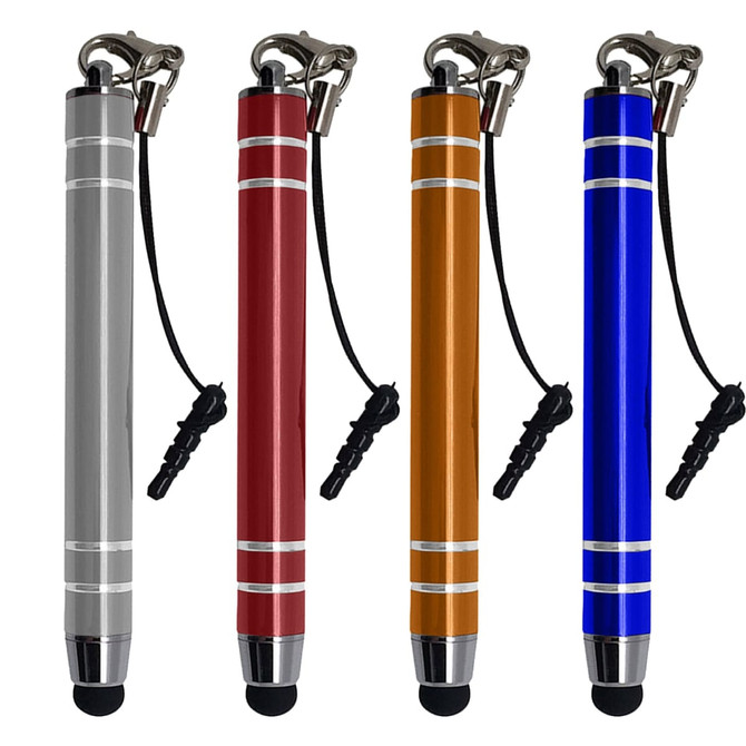 A collection of four metal stylus pens in silver, red, orange, and blue, each with a black rubber tip and a lanyard.