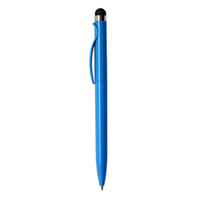 A stylus pen in vibrant blue with a plastic finish and a clip. It features a black tip for touchscreens.