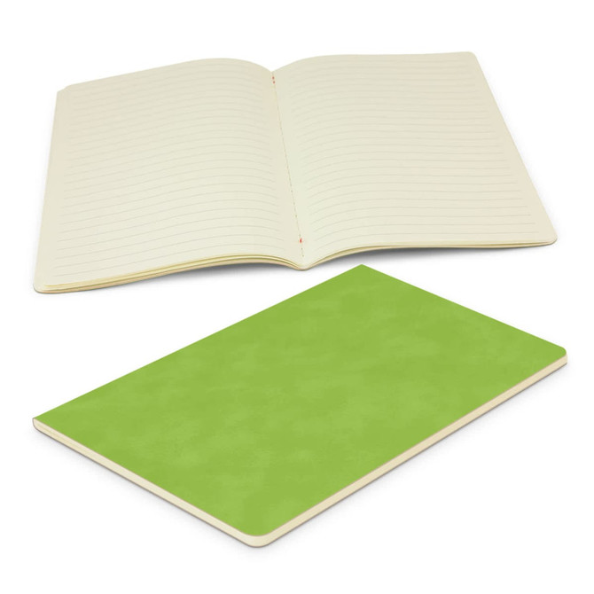 A green notebook featuring lined pages, with one open and the other closed, showing a smooth cover.