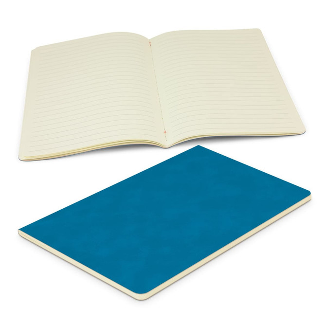 A teal notebook with a smooth cover and blank interior pages, featuring a branding logo on the front.