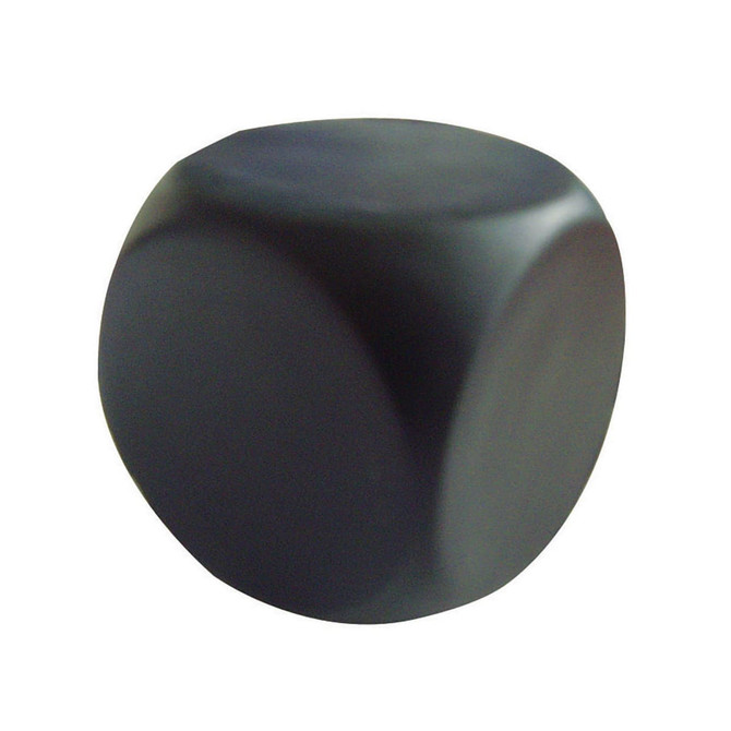 A black, rounded cube stress ball with a smooth surface, designed for squeezing and stress relief.