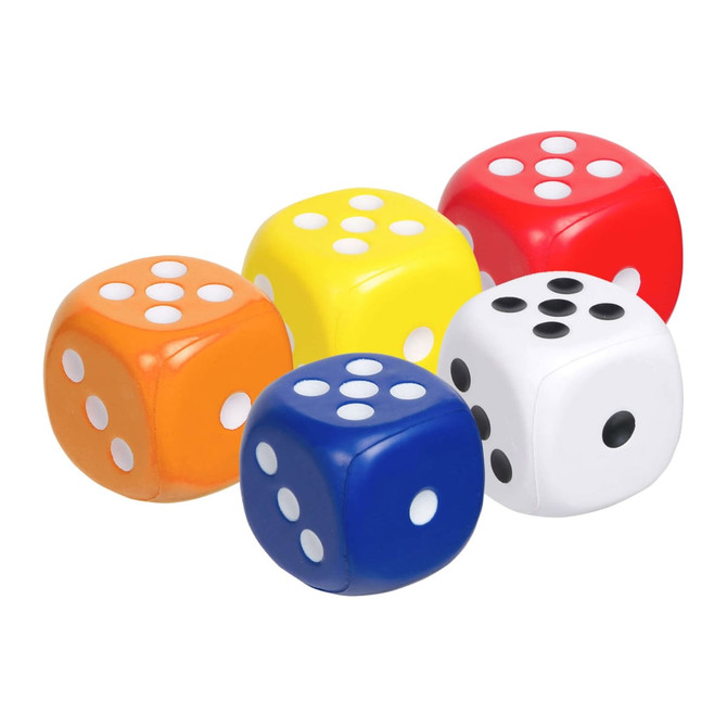 Five large, novelty dice in orange, yellow, red, blue, and white with black and white dots. Includes a logo.