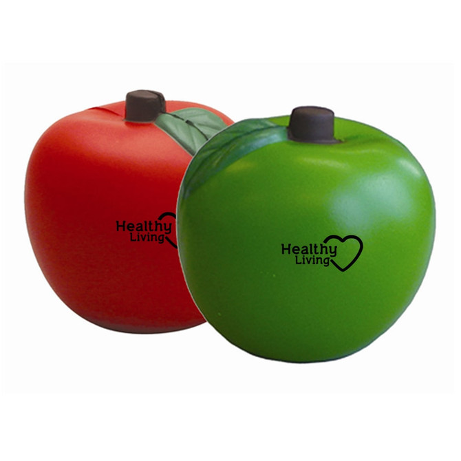 Two stress apples, one red and one green, featuring a small black button and a logo on each.