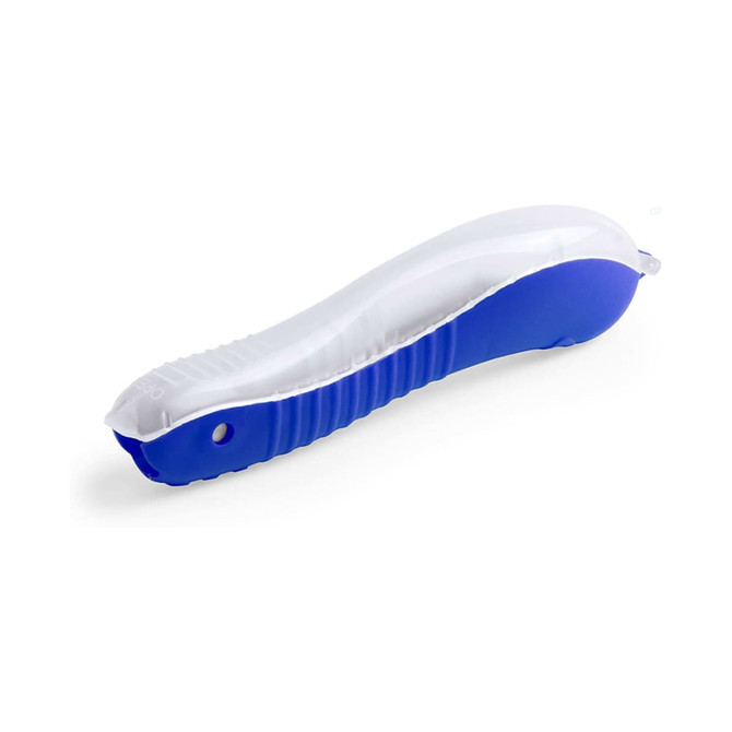 A toothbrush featuring a blue and white design, with a contoured handle and a sleek shape.