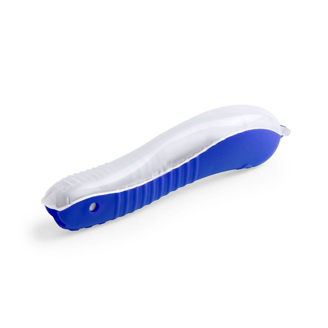 A blue and transparent toothbrush with a smooth, curved design and a textured grip.