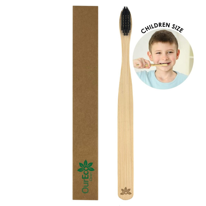 A bamboo toothbrush for kids in natural wood tones, packaged in a brown rectangular box with a logo.
