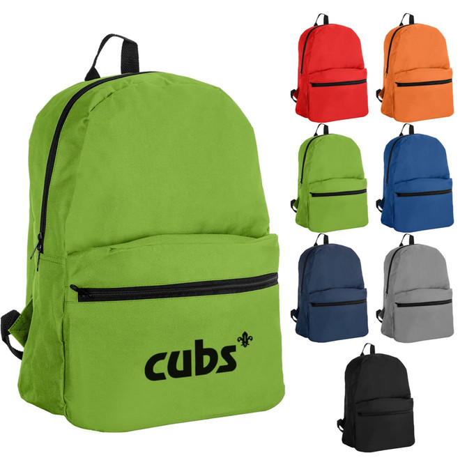 A green backpack with a front pocket, accompanied by examples in red, orange, blue, dark blue, grey, and black.