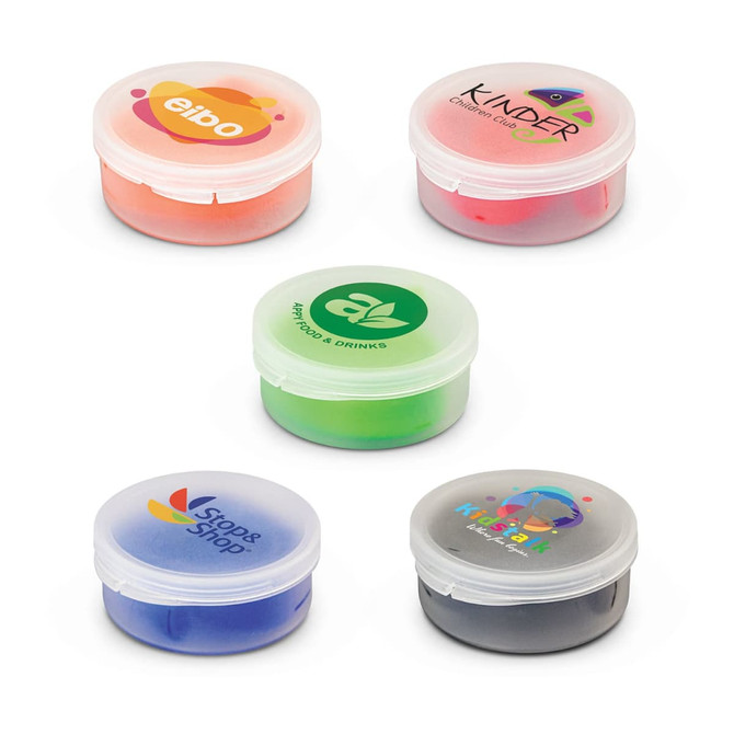A set of five small containers in various colours, each with a logo, for food or drink storage.