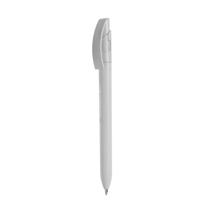 A sleek white metal pen with a streamlined design and a clip for easy attachment. It has a branding logo.