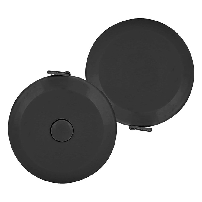 A compact black tape measure featuring a circular design with a button and a clip attachment.