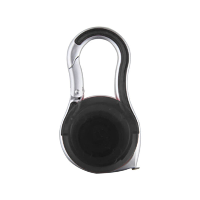 A black and silver carabiner tape measure with a retractable tape and a metal clip for attachment.