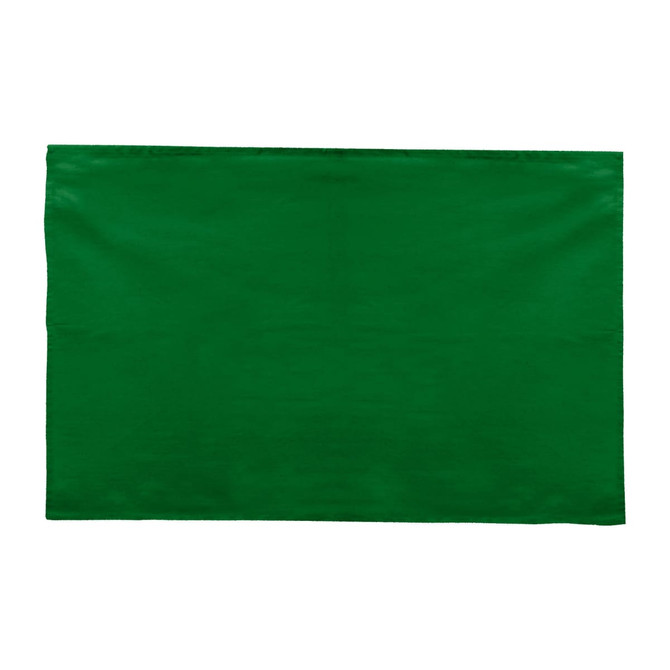 A green cotton tea towel featuring a plain design and a logo in the corner.