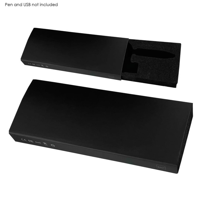 A sleek black gift box with a padded interior, designed to hold a pen and USB, not included.